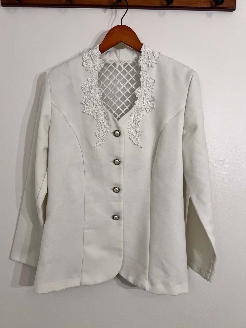 David Rose Vintage White Blazer with Lace Lattice Neckline and Pearl Buttons
